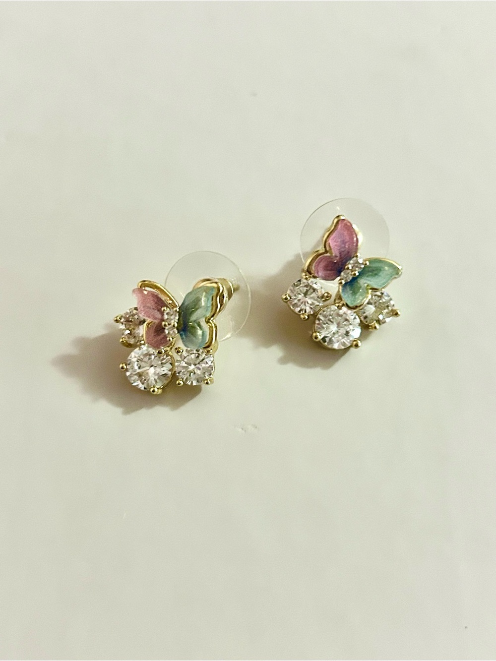 Gold Butterfly Stud Earrings with Pink & Blue Enamel and Crystal Accents